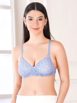 Blue floral printed padded wirefree cotton bra for women front view