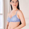Side view of blue floral printed padded wirefree cotton bra for women