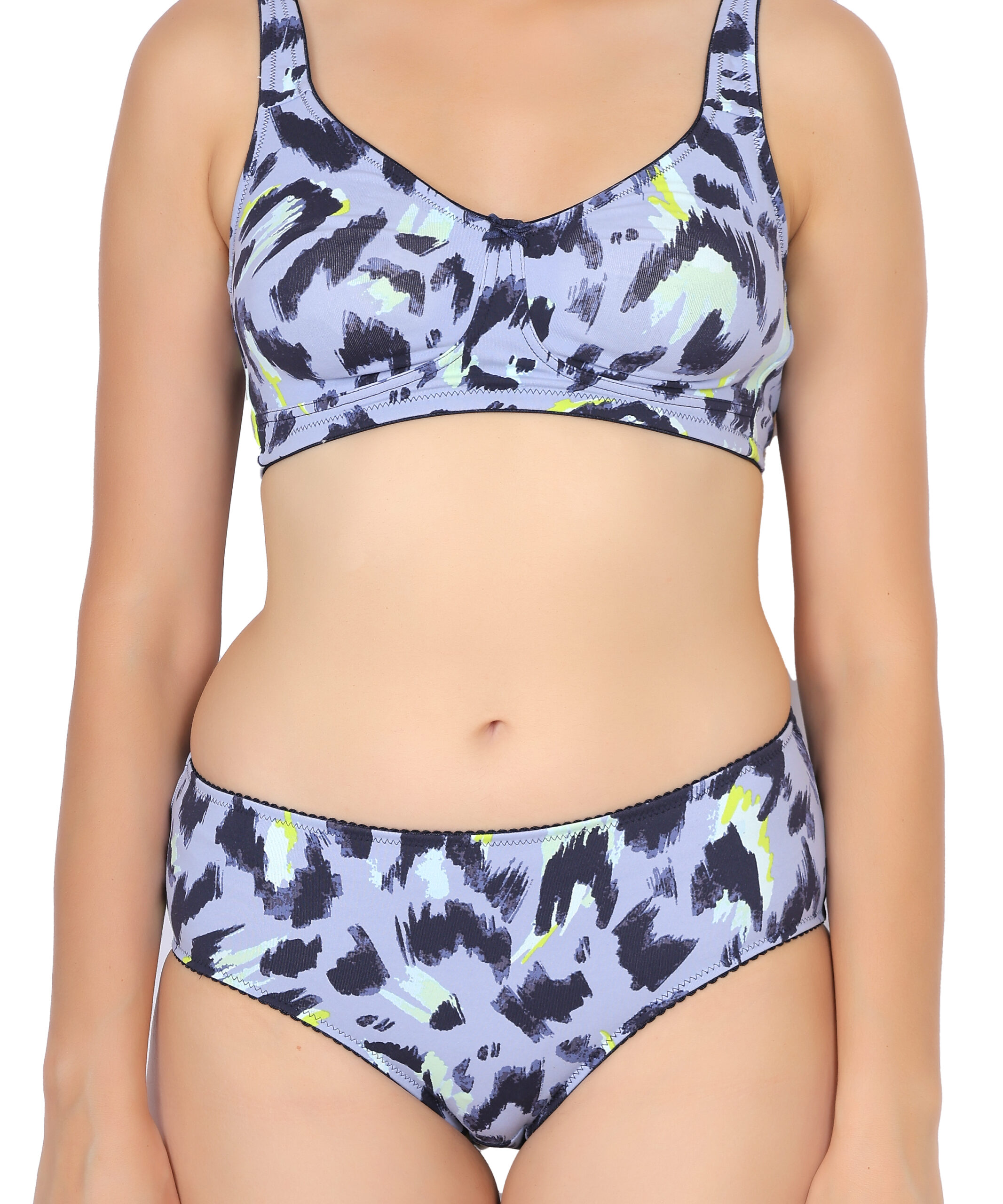 Abstract print padded wirefree bra close up view showing fabric and stitching by Luv Mystery