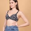 Black floral printed padded wirefree bra for women angled view