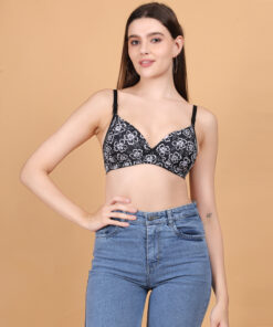 Black floral printed padded wirefree bra for women front view