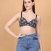 Black floral printed padded wirefree bra for women front view
