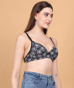 Black floral printed padded wirefree bra for women side view