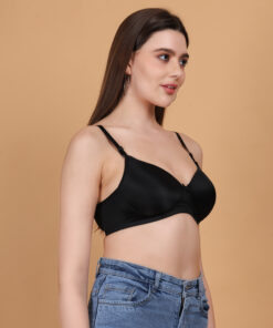 Black padded wirefree bra for women 45 degree angle view