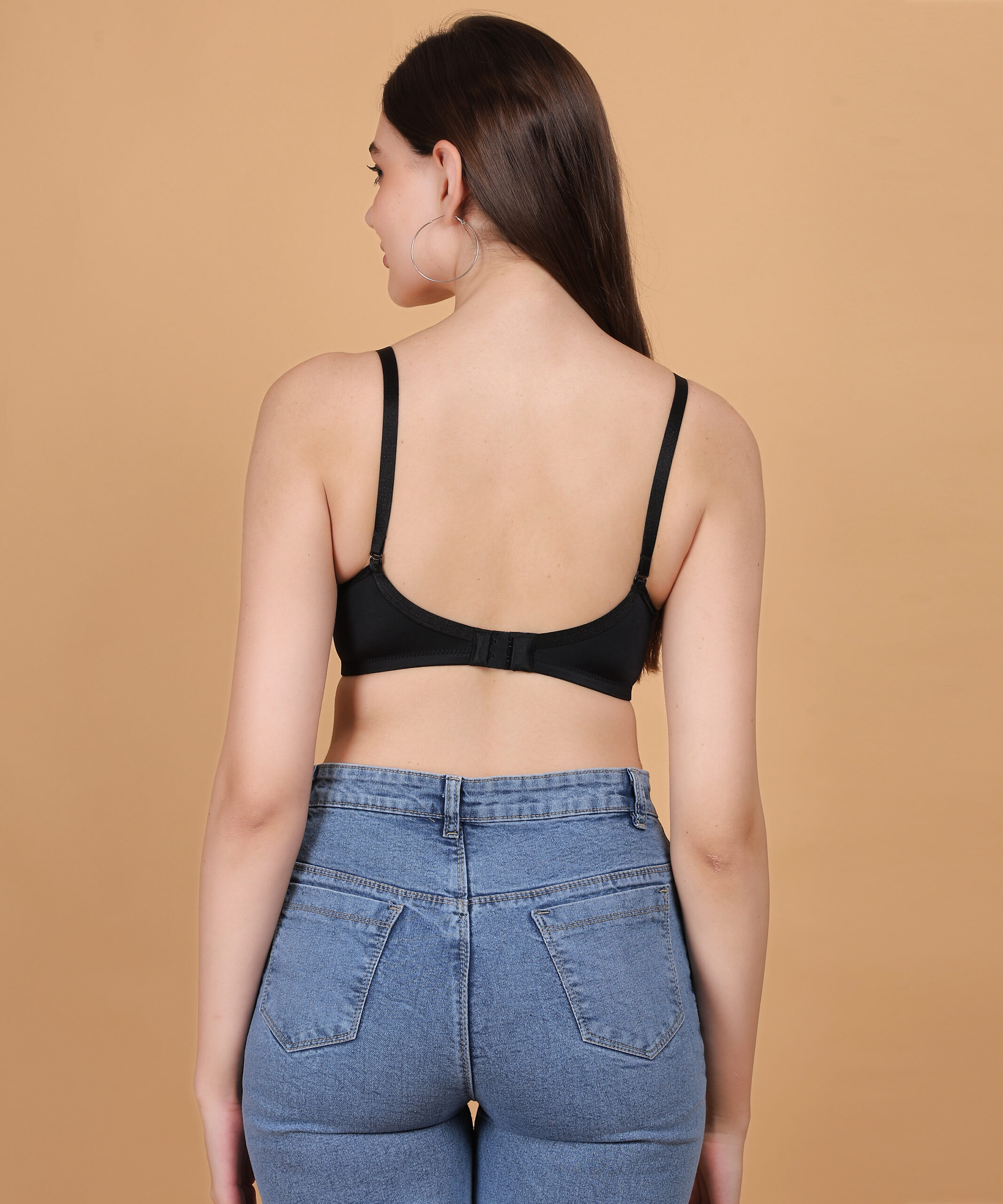 Black padded wirefree bra for women back view