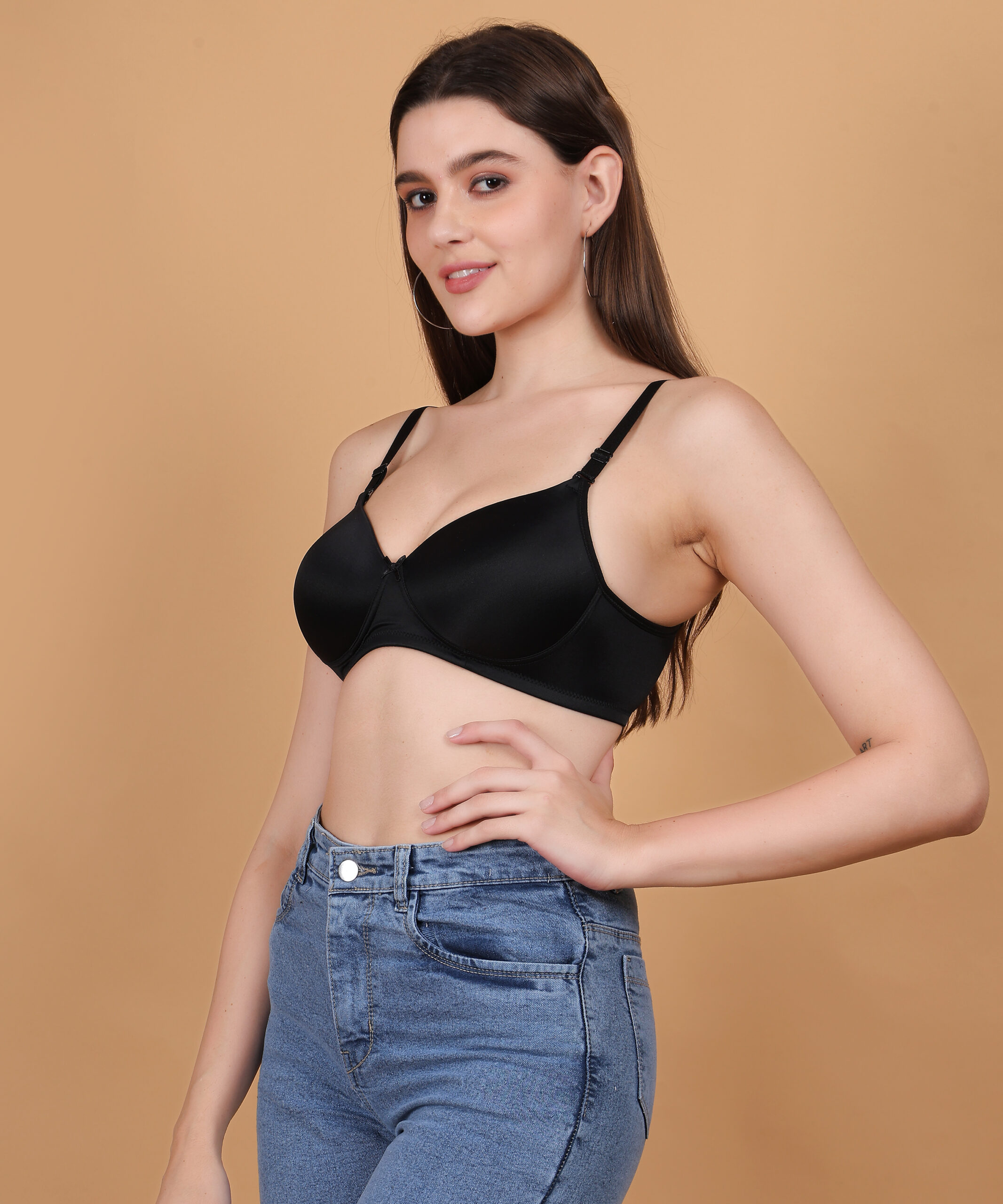 Black padded wirefree bra for women side view