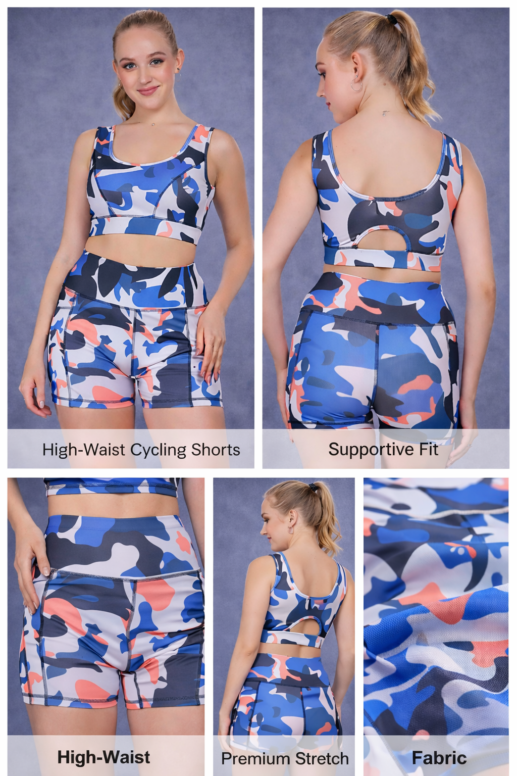 Blue camouflage women’s high-waist cycling shorts and sports bra set with supportive fit