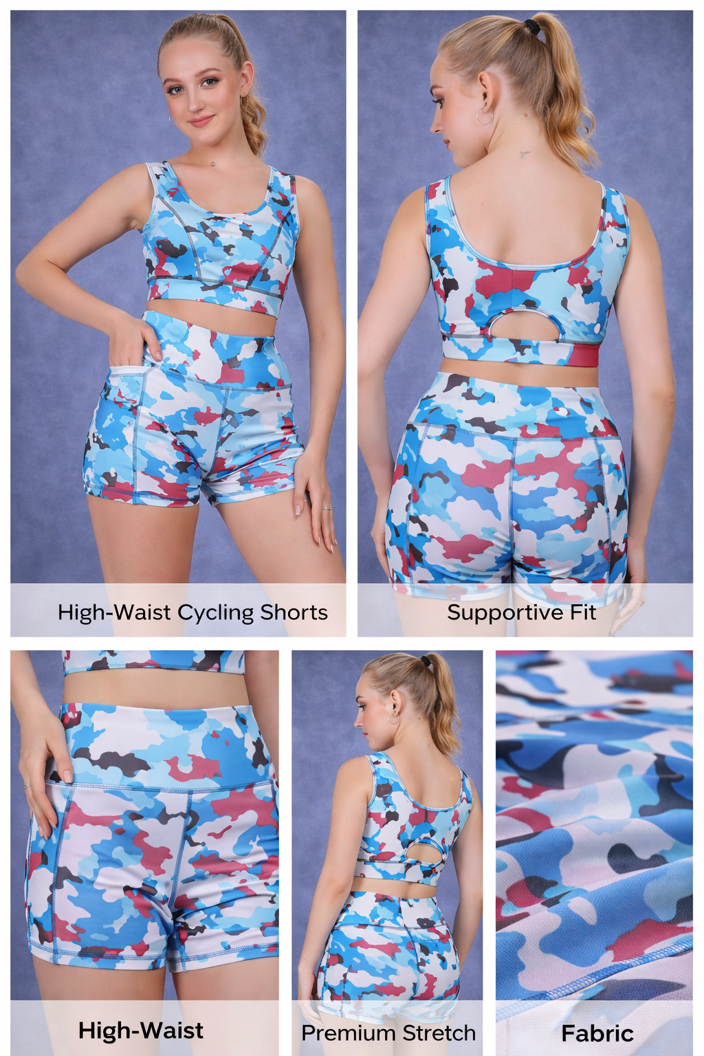 High-waist cycling shorts and sports bra set fabric stretch and fit details