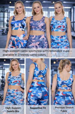 Camo sports bra with removable black molded cups available in blue, sky blue and black pink camo prints