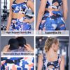 5 in 1 camo sports bra image showing front view, back view, removable black molded cups, fabric detail and supportive fit