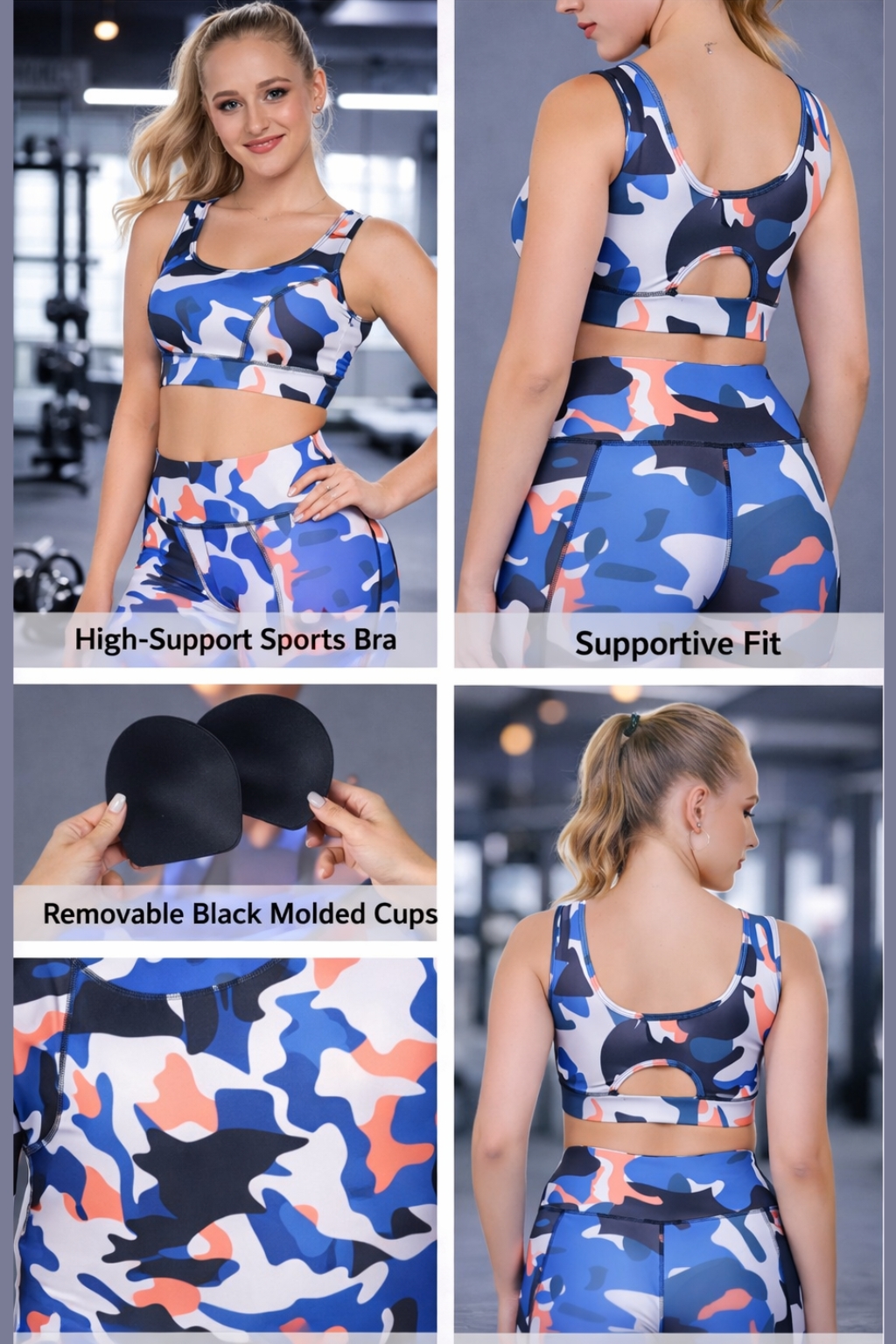 5 in 1 camo sports bra image showing front view, back view, removable black molded cups, fabric detail and supportive fit