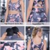 5 in 1 camo sports bra image showing front view, back view, removable black molded cups, fabric detail and supportive fit