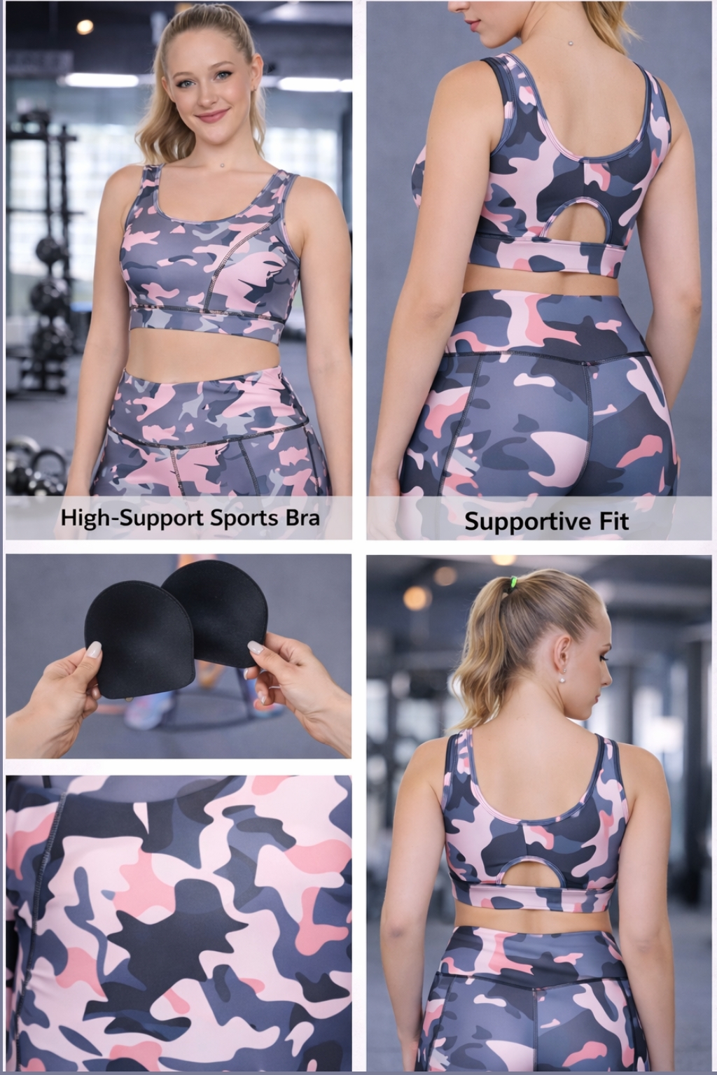 5 in 1 camo sports bra image showing front view, back view, removable black molded cups, fabric detail and supportive fit
