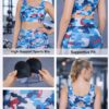 5 in 1 camo sports bra image showing front view, back view, removable black molded cups, fabric detail and supportive fit
