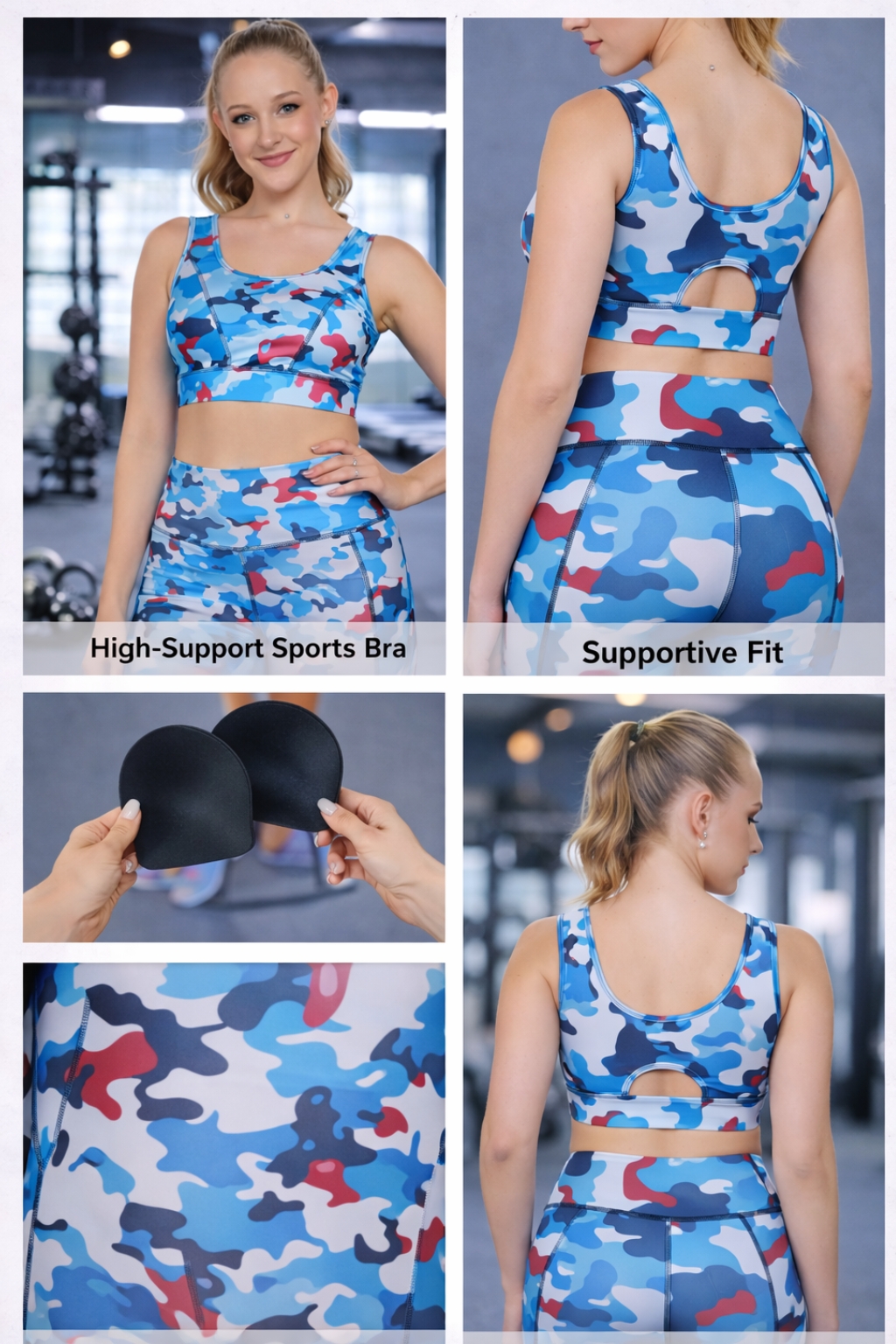 5 in 1 camo sports bra image showing front view, back view, removable black molded cups, fabric detail and supportive fit