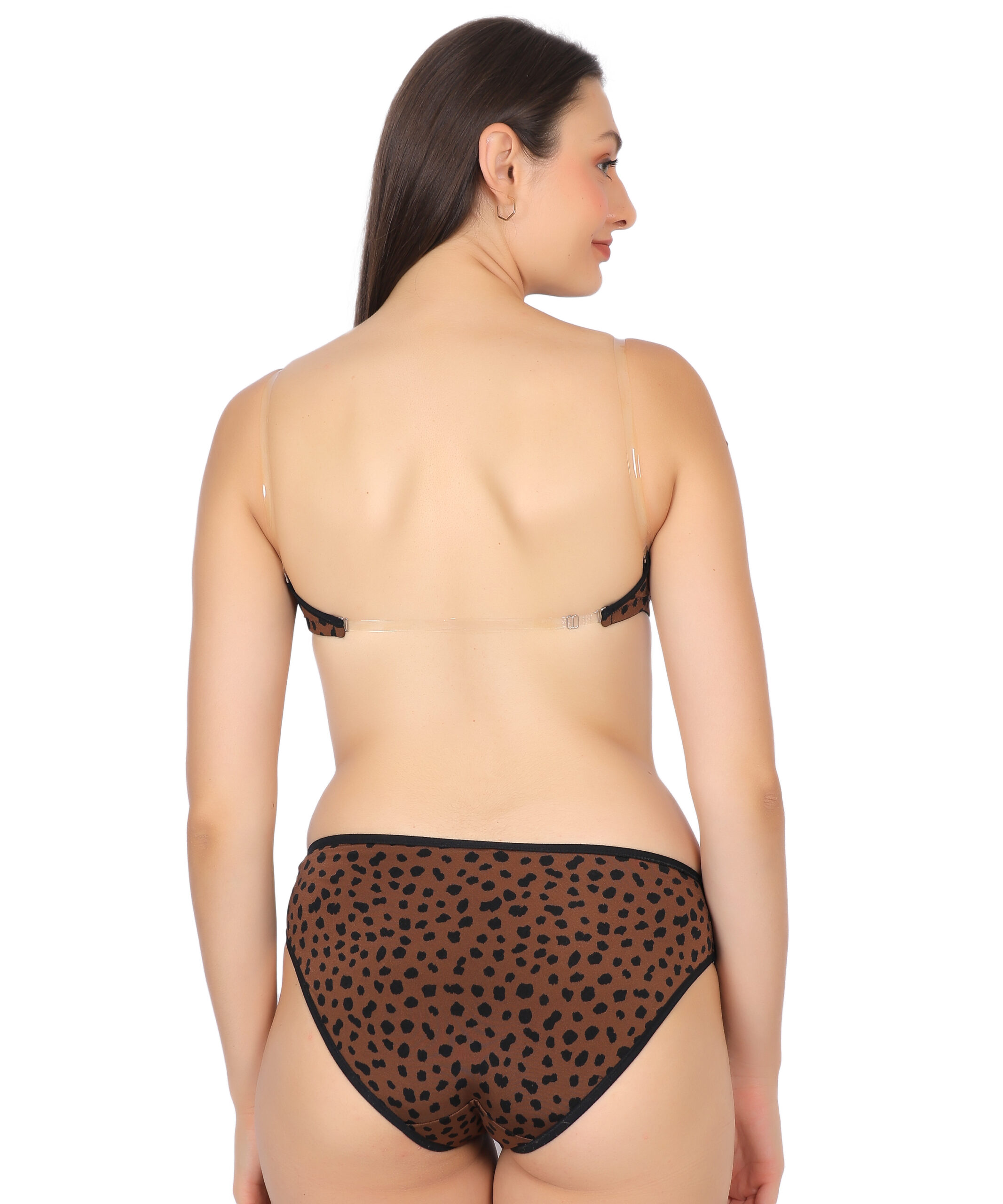 Convertible leopard print padded bra back view with transparent band for backless dresses by Luv Mystery convertible leopard print padded bra and bikini set for women by luv mystery