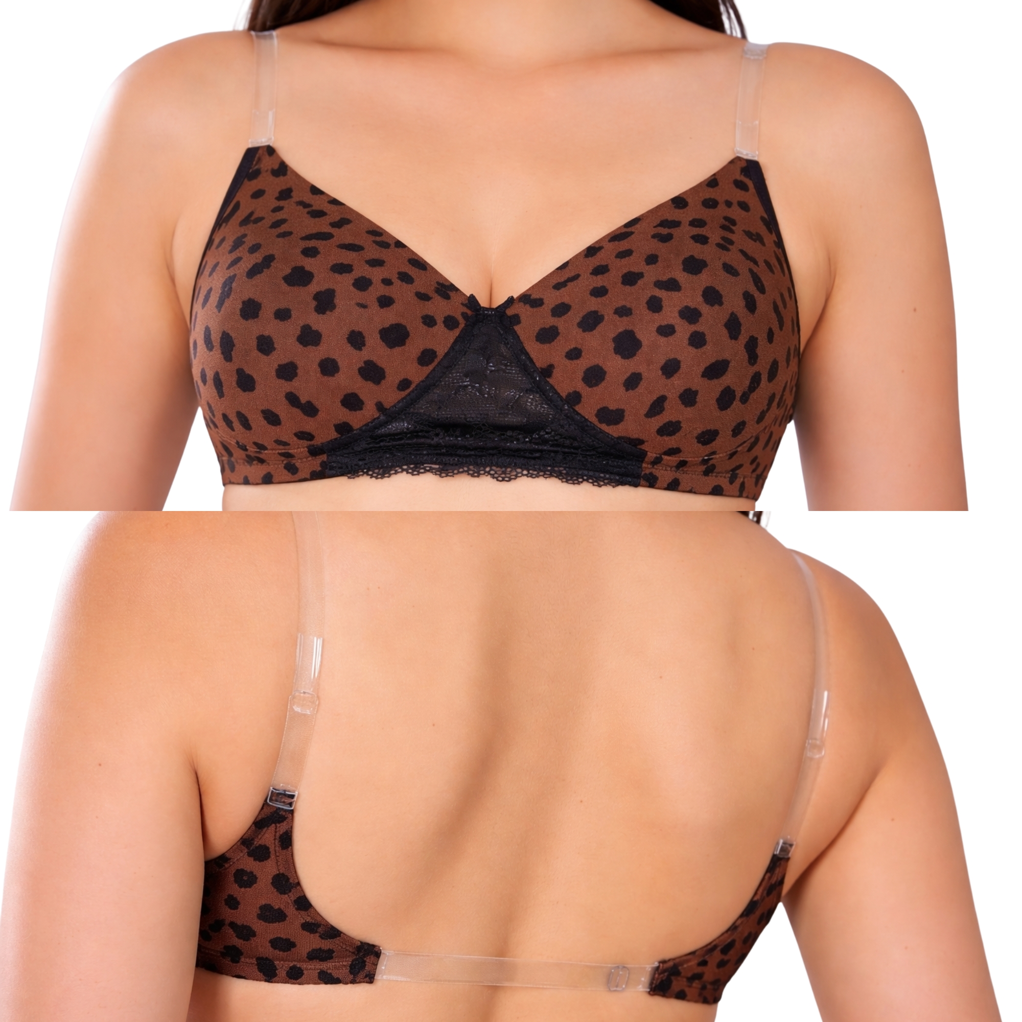 Convertible leopard print padded bra close up showing transparent straps and band by Luv Mystery convertible leopard print padded bra and bikini set for women by luv mystery