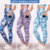 High waist gym pants with mobile pocket for women available in blue camo, pink camo and sky blue camo prints