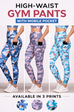 High waist gym pants with mobile pocket for women available in blue camo, pink camo and sky blue camo prints