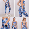 High waist gym pants with mobile pocket for women in blue camo shown in front, side, back, pocket detail and yoga pose