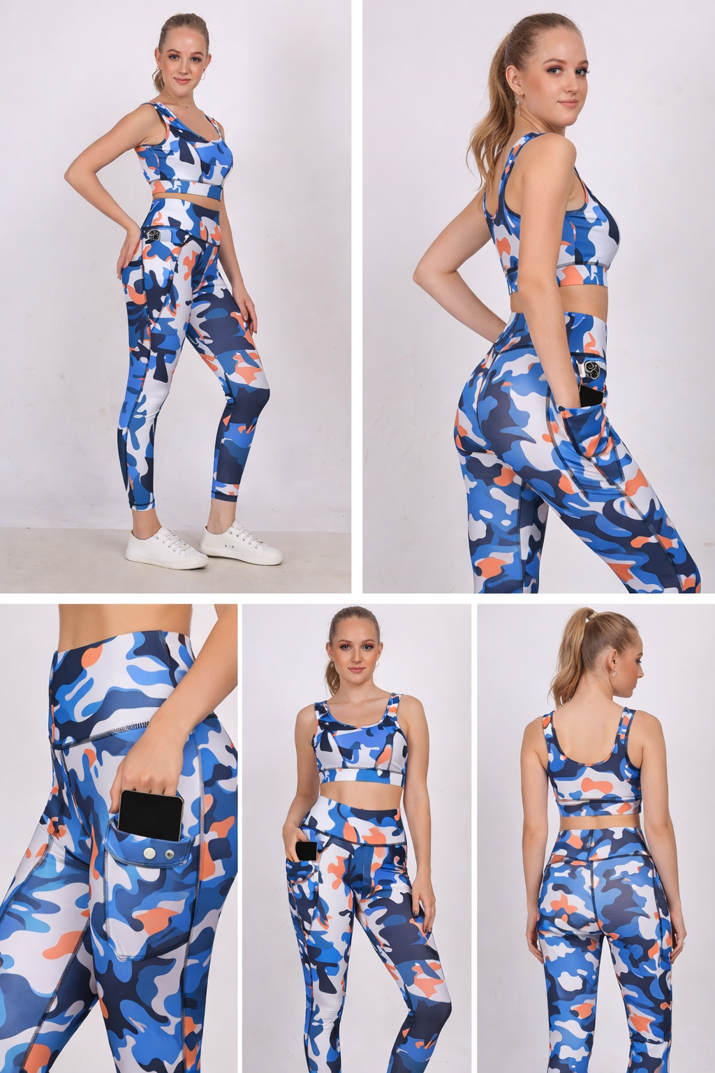 High waist gym pants with mobile pocket for women in blue camo shown in front, side, back, pocket detail and yoga pose