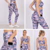 High waist gym pants with mobile pocket for women in pink black camo shown in front, side, back, pocket detail and yoga pose