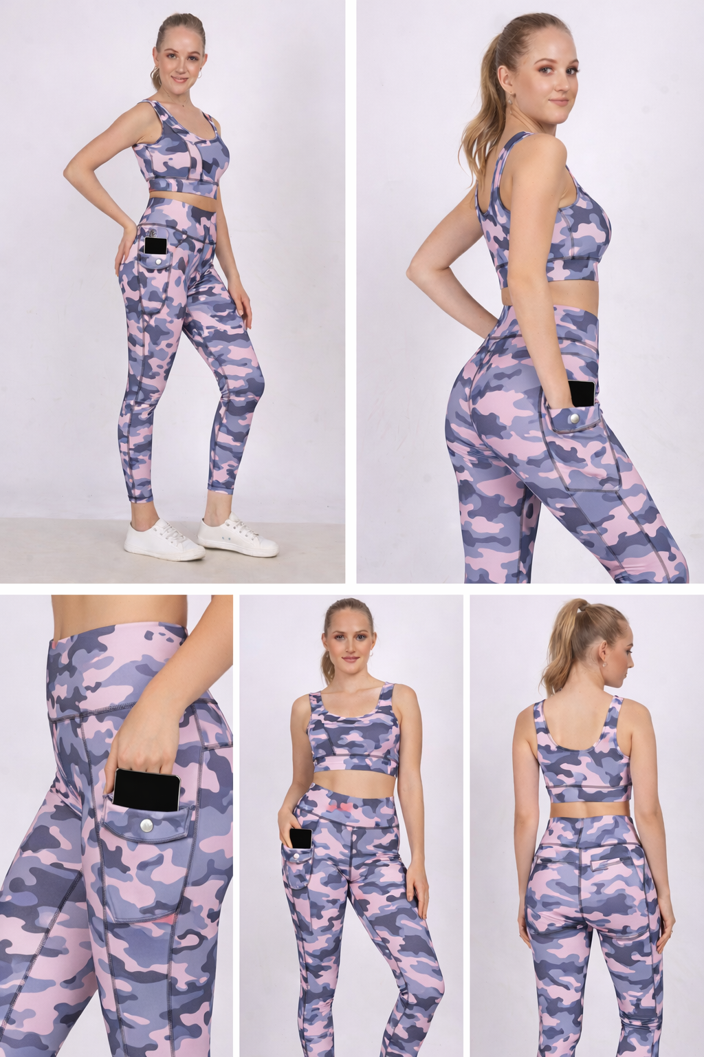 High waist gym pants with mobile pocket for women in pink black camo shown in front, side, back, pocket detail and yoga pose