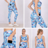 High waist gym pants with mobile pocket for women in blue camo shown in front, side, back, pocket detail and yoga pose