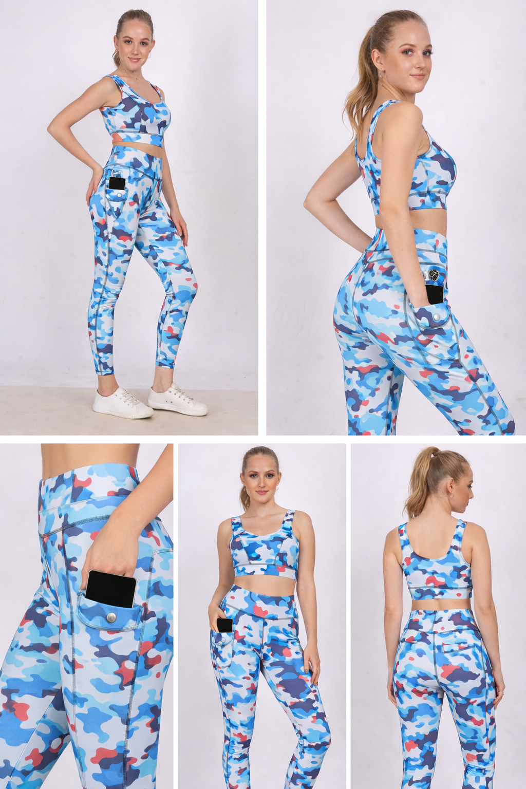 High waist gym pants with mobile pocket for women in blue camo shown in front, side, back, pocket detail and yoga pose
