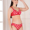 45 degree view of red heart print padded wirefree bra and bikini set for women