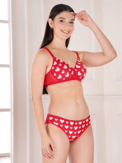 45 degree view of red heart print padded wirefree bra and bikini set for women
