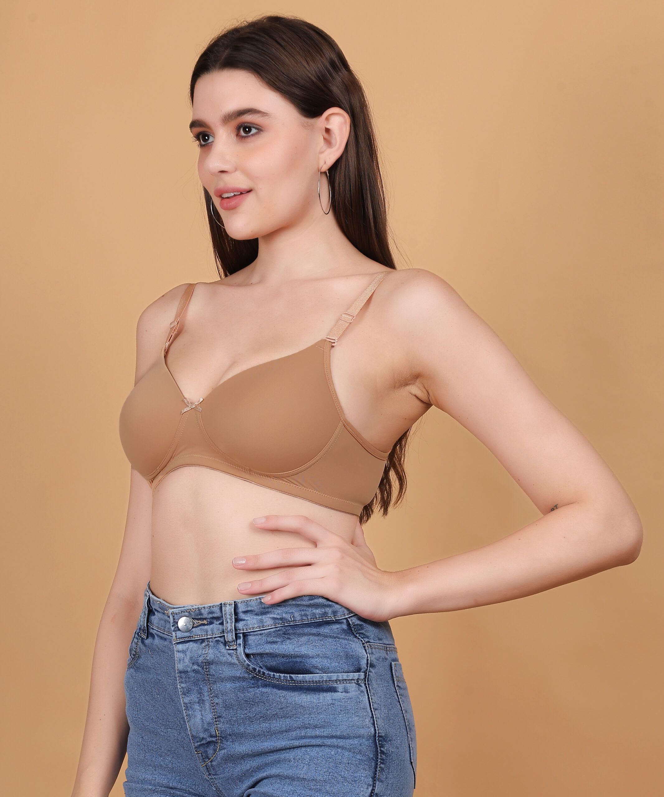 Nude padded wirefree bra for women 45 degree angle view