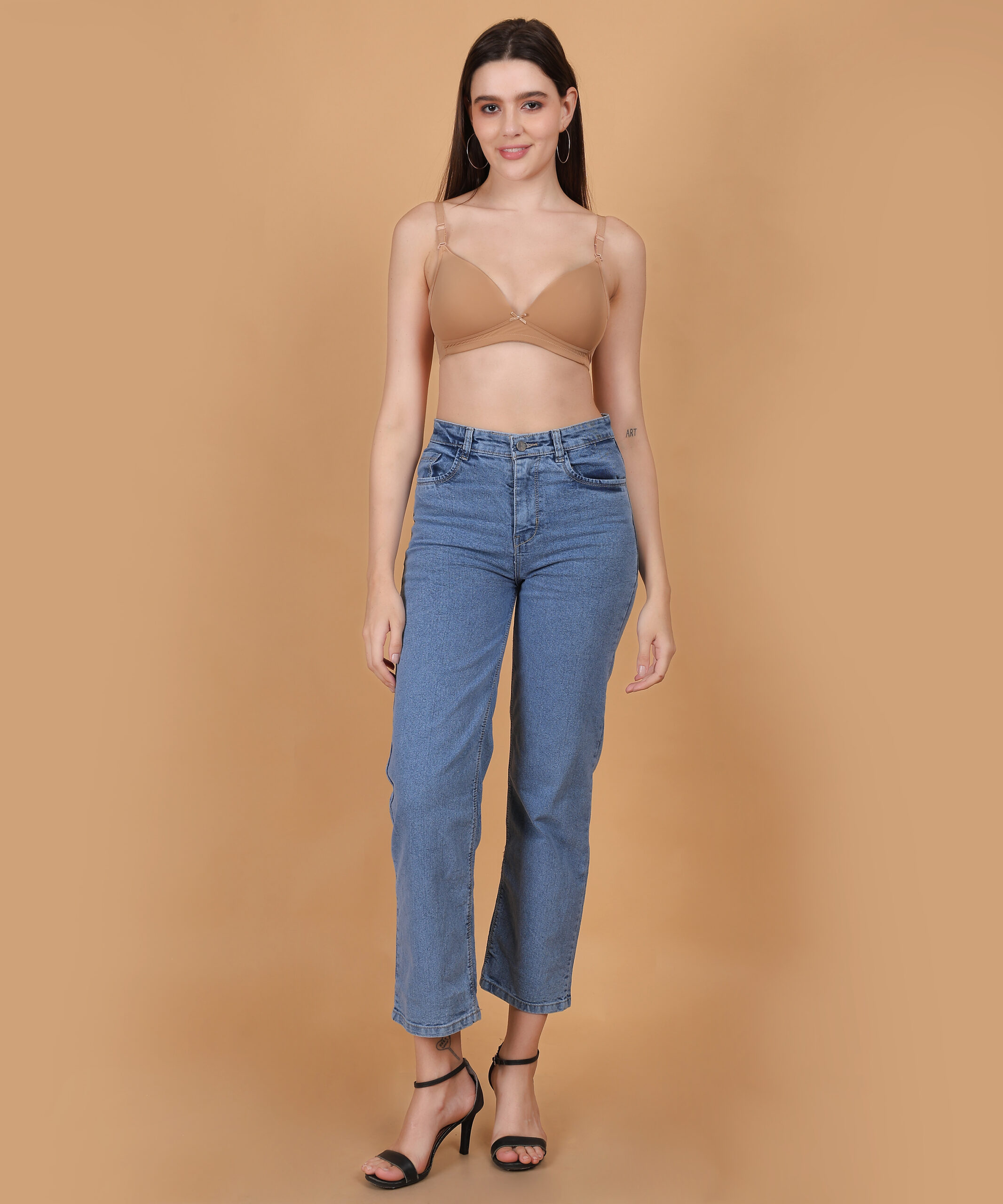 Nude padded wirefree plunge bra for women lifestyle fit image