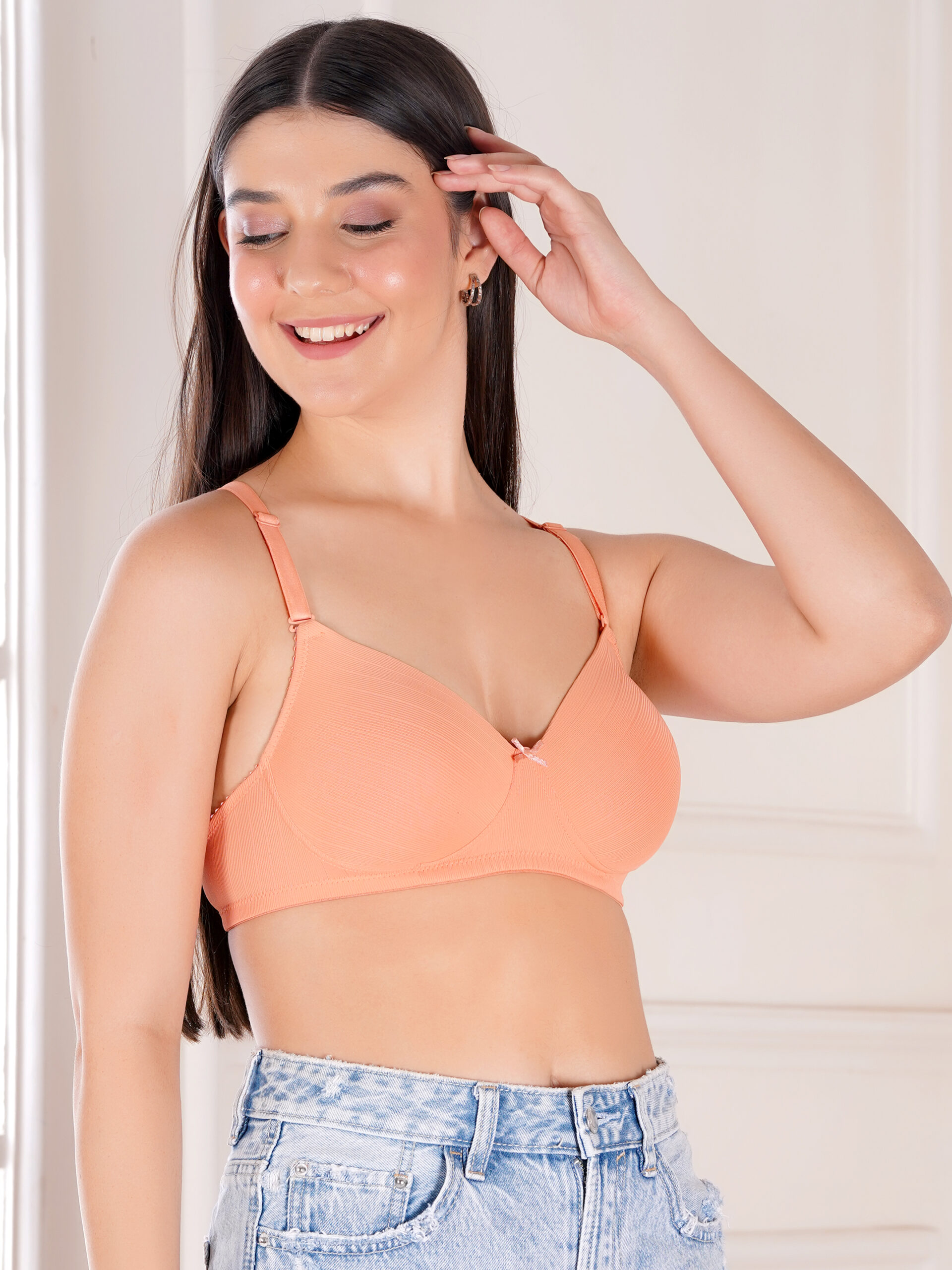 Peach padded wirefree bra 45 degree angle view