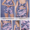 Pink camouflage women’s high-waist cycling shorts and sports bra set for workouts