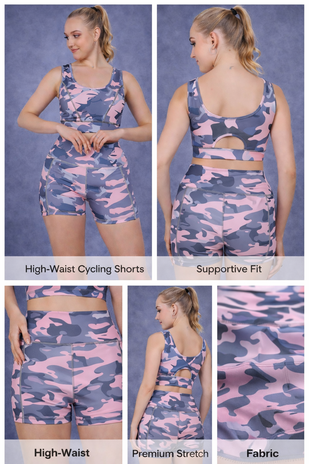 Pink camouflage women’s high-waist cycling shorts and sports bra set for workouts