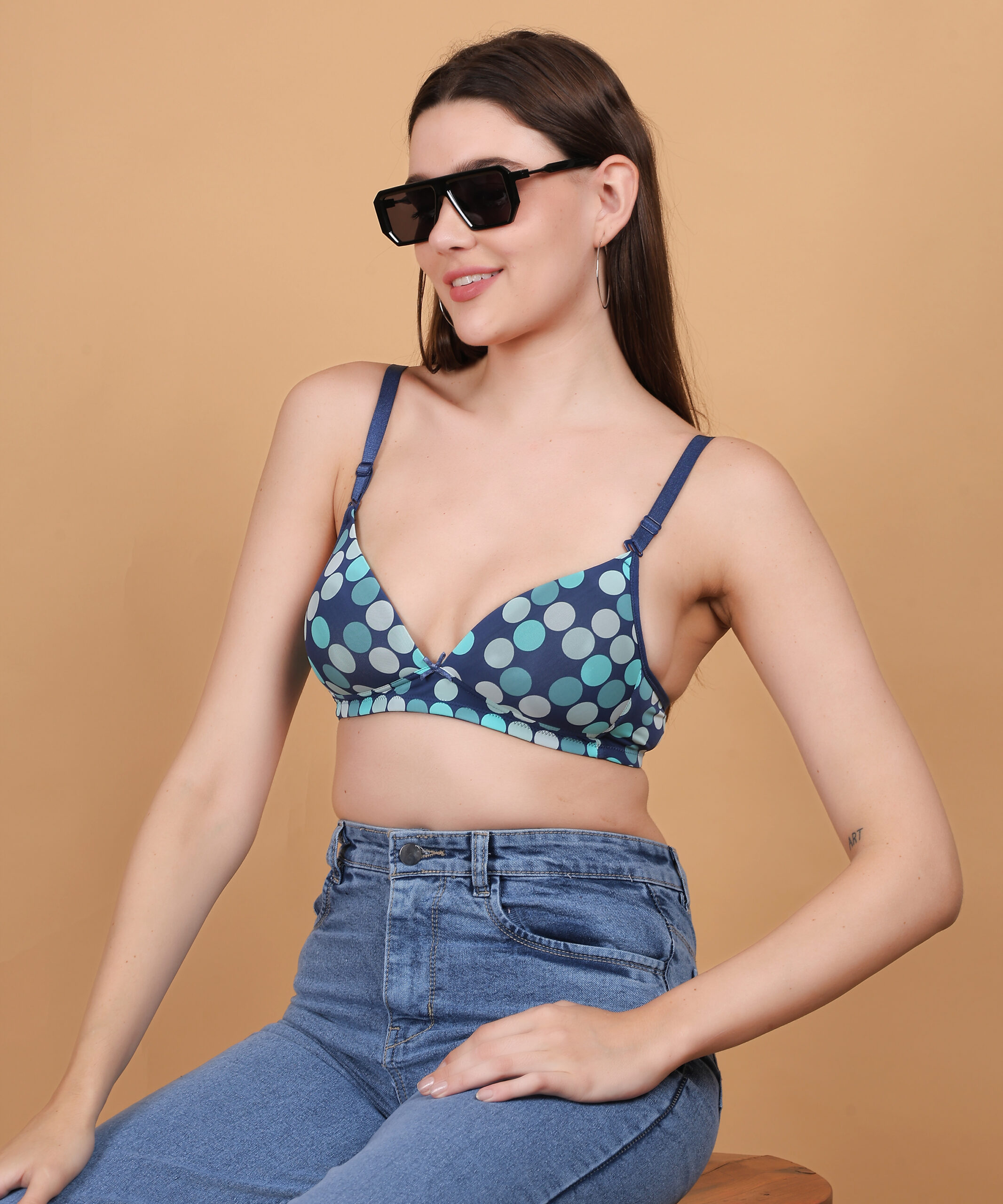 Polka dot printed padded wirefree bra for women lifestyle fit image