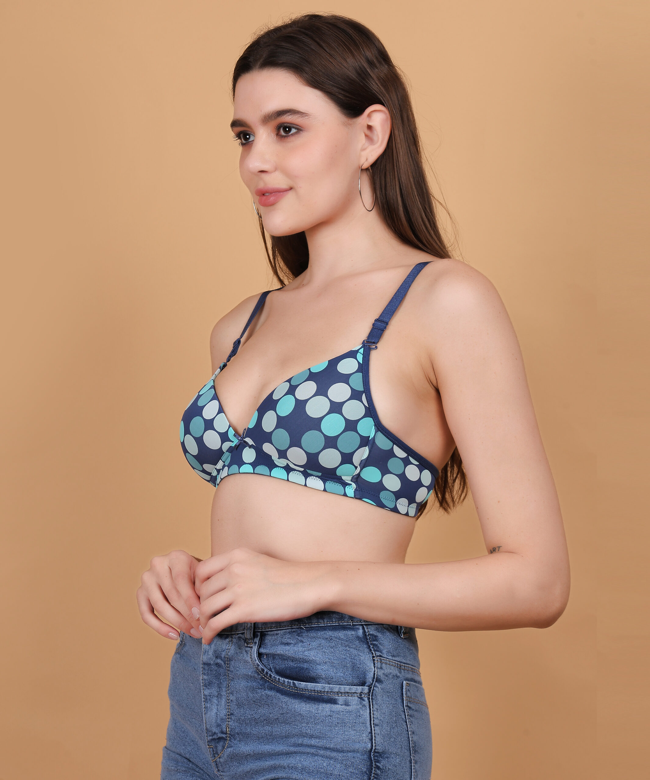 Polka dot printed padded wirefree bra for women side view