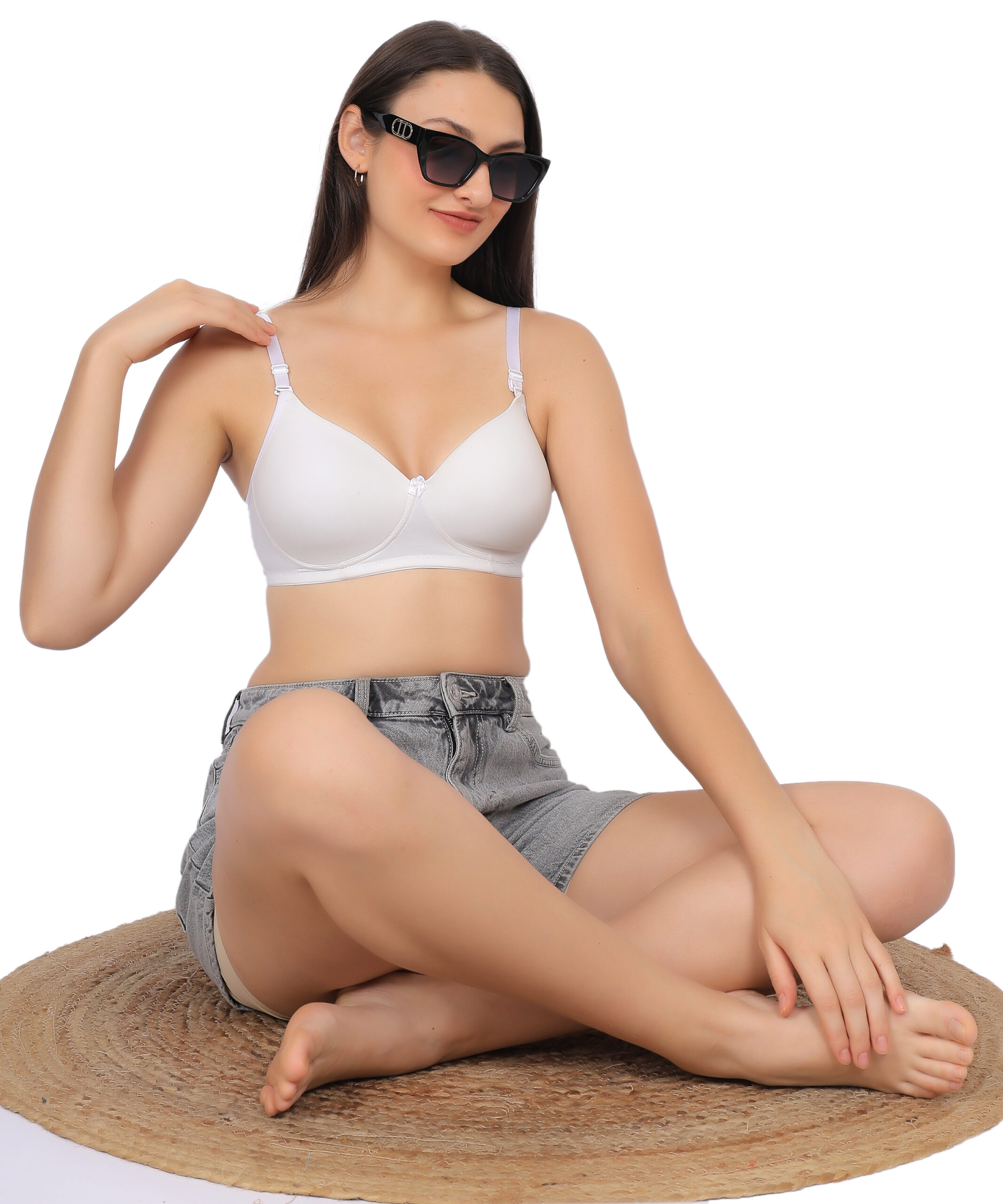 Woman wearing premium white padded bra lifestyle style shot by Luv Mystery