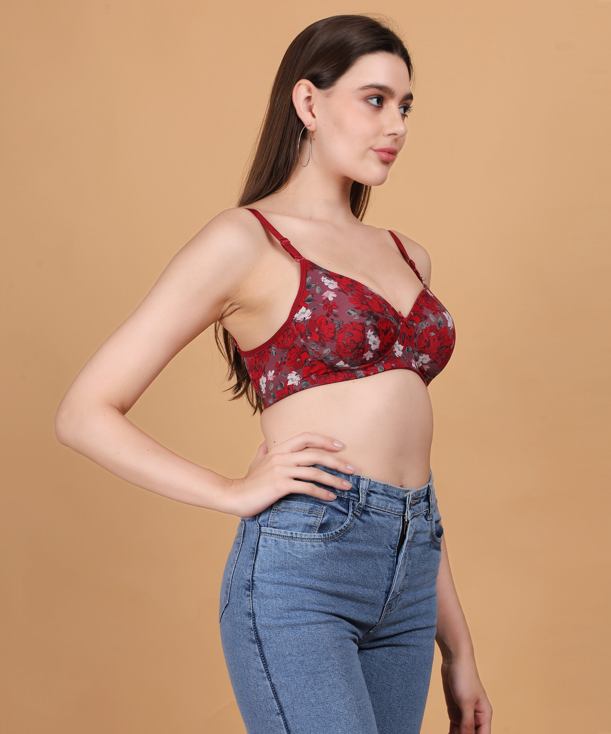 Red floral printed padded wirefree bra for women angled view