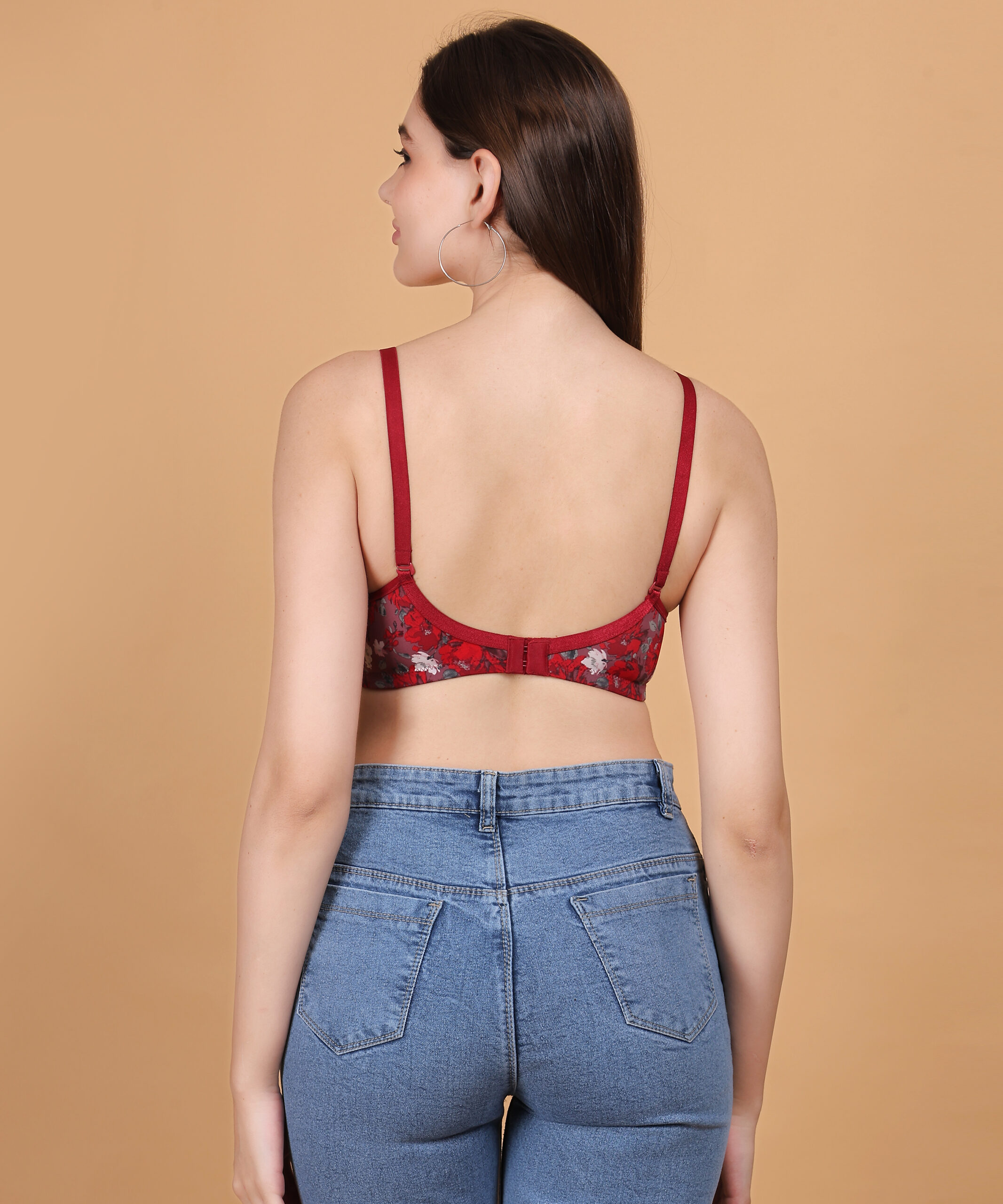 Red floral printed padded wirefree bra for women back view