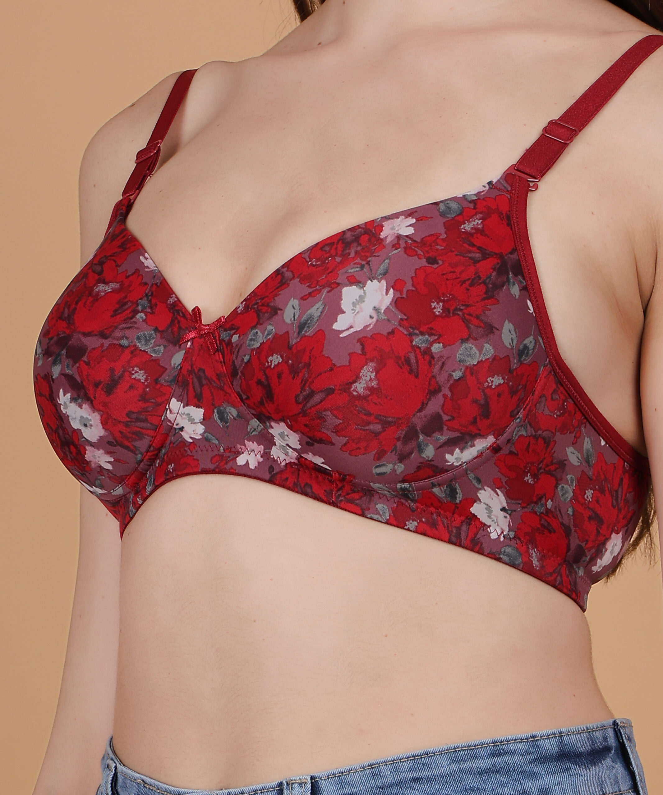 Red floral printed padded wirefree bra for women fabric detail