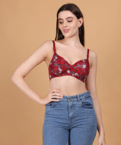 Red floral printed padded wirefree bra for women front view