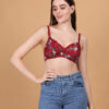 Red floral printed padded wirefree bra for women front view