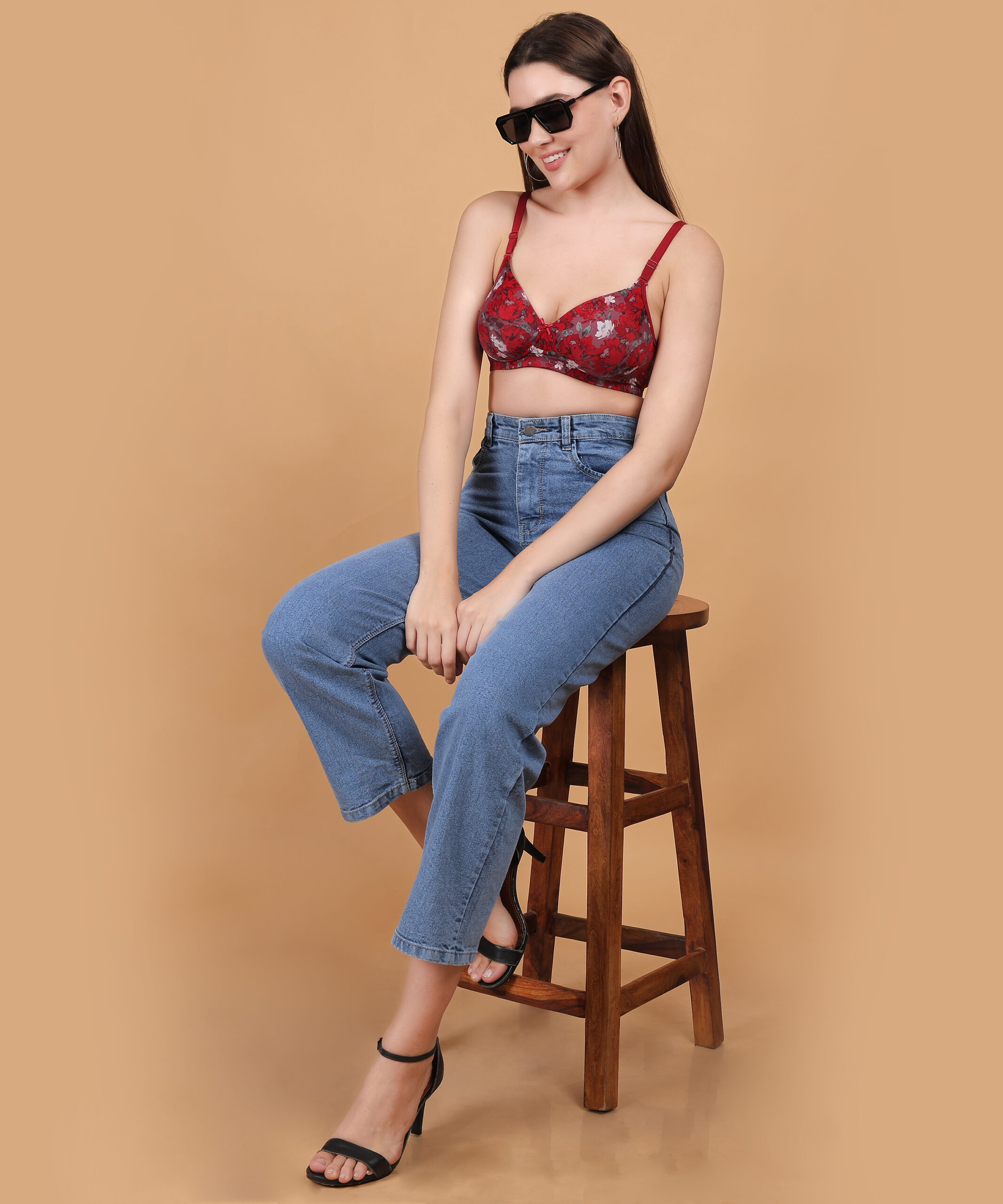 Red floral printed padded wirefree bra for women lifestyle fit