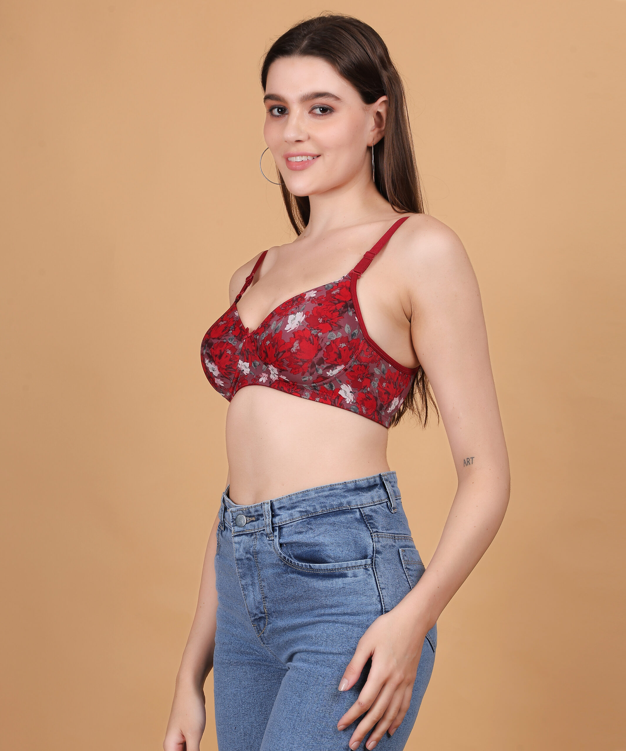 Red floral printed padded wirefree bra for women side view