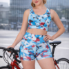 Teal blue camouflage high-waist cycling shorts and sports bra set for women