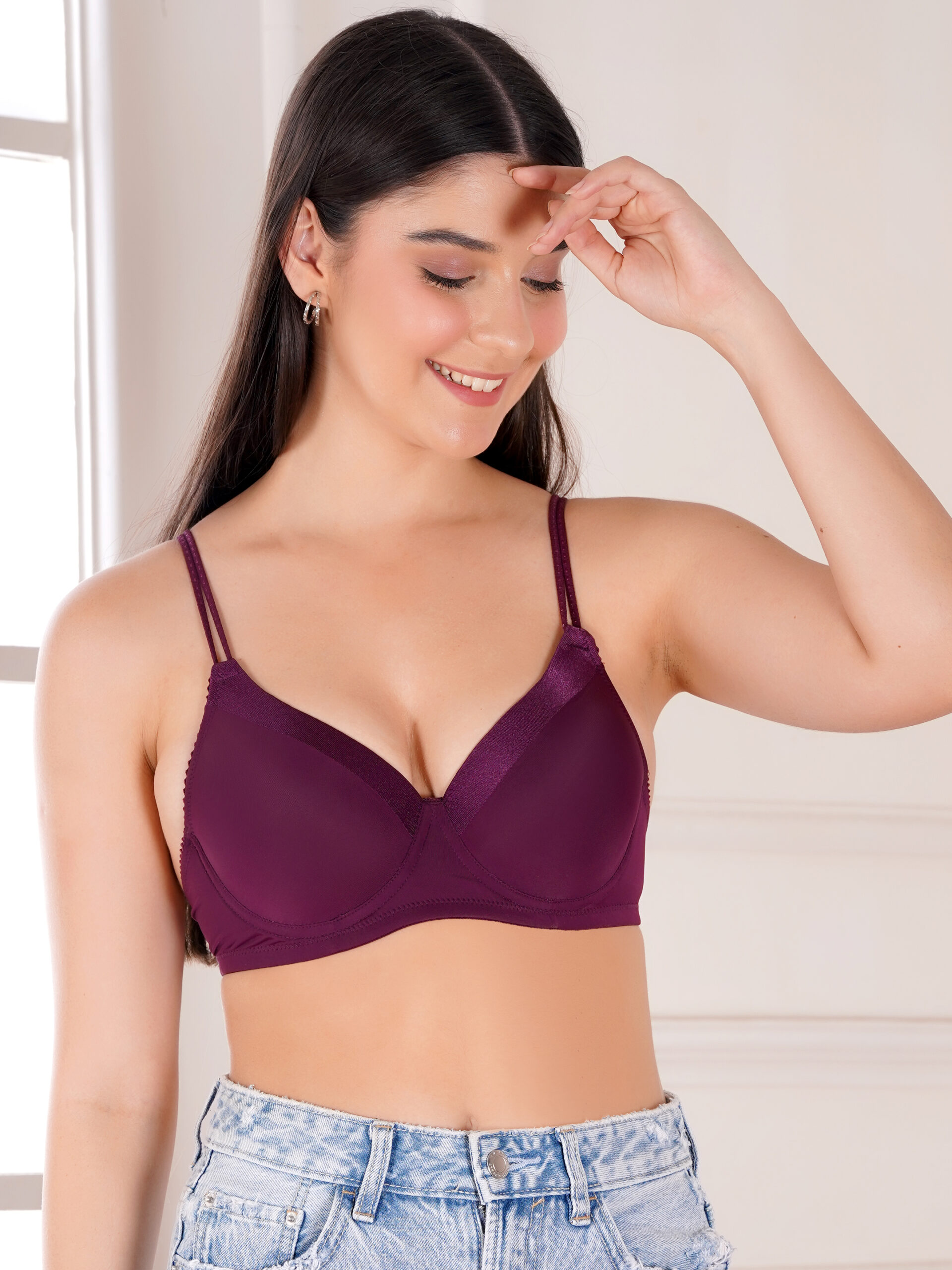 45 degree view of underwired push up level 1 bra with satin edges and dori style straps