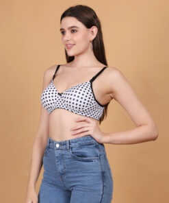 White polka dot printed padded wirefree bra for women angled view