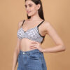 White polka dot printed padded wirefree bra for women angled view